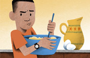 A scowling boy stirs a food in a bowl